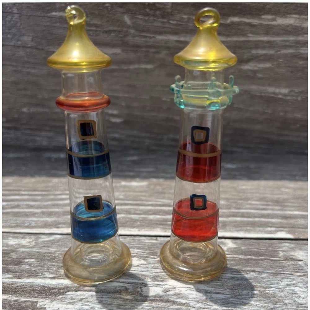 Lighthouse Ornaments Hand Blown‎ Glass Lightweight Set Of 2 Colorful  Maritime